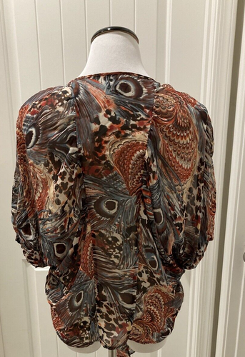 Cute Sheer Tie Bottom Jacket/Top Peacock Feathers Blues/Oranges Buffalo SZ SP - Picture 7 of 12