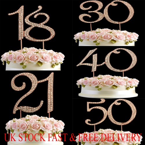 ORO Rosa Strass Diamante cake topper Compleanni Anniversario selezione  numeri UK | eBay