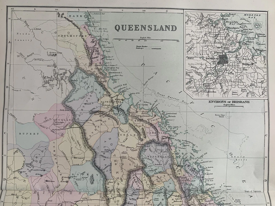 1891 Queensland Hand Coloured Original Antique Map by G.W. Bacon - Image 2 of 3