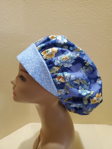Yellow & Blue Flowers Women's Bouffant Surgical Scrub Hat/Cap Handmade - Picture 2 of 5