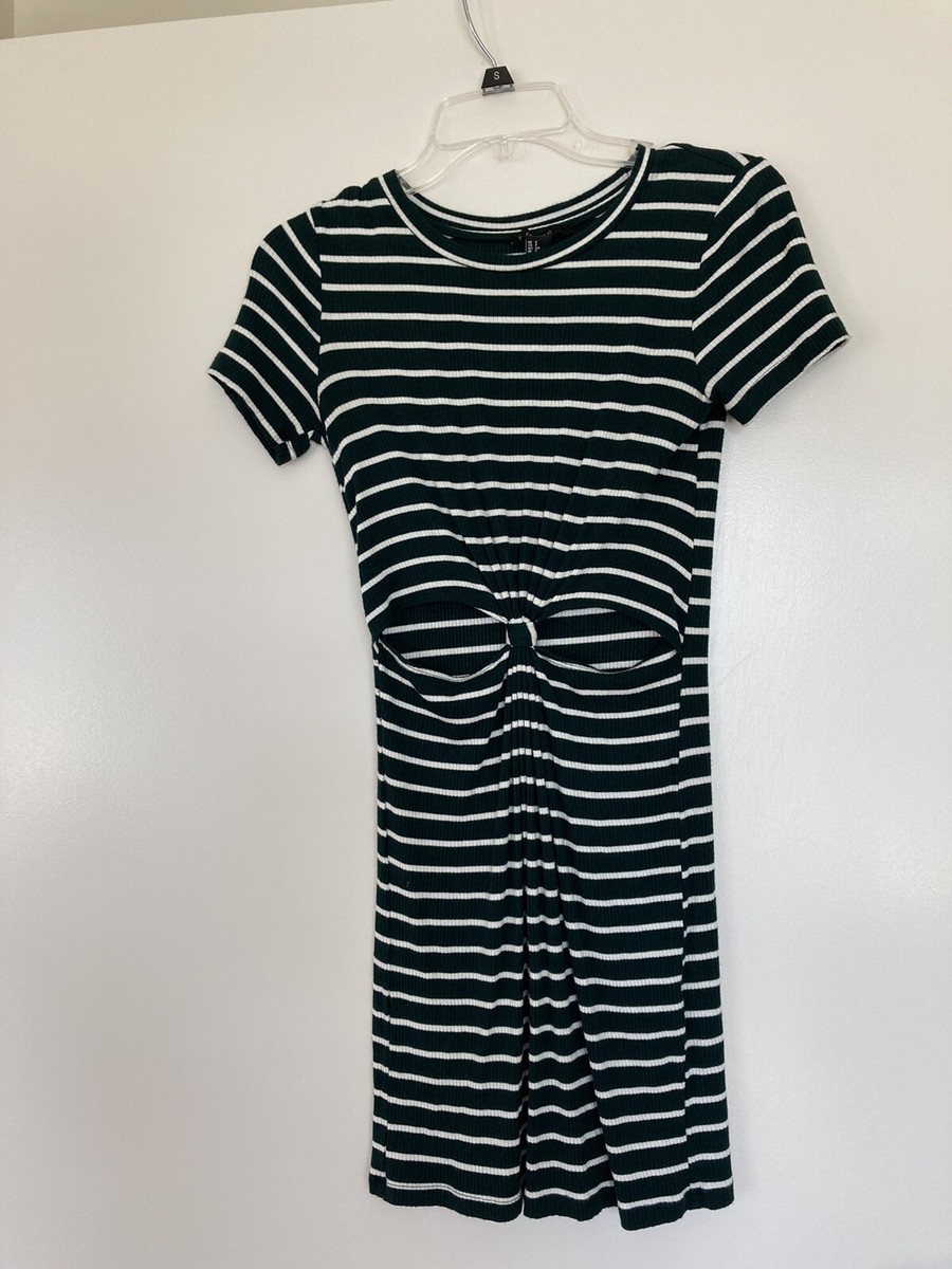 forever 21 short sleeve mini dress forest green white stripe cut out waist s