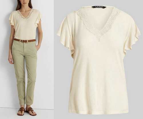 LAUREN RALPH LAUREN SIGLAY LINEN V-Neck Ruffle Shirt Top Bluse T-shirt Hemd L - Bild 1 von 15