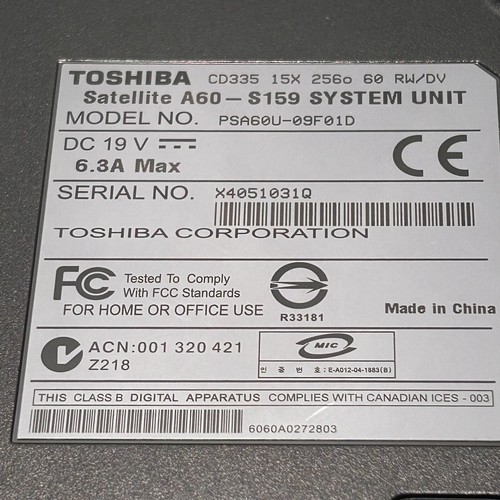 Toshiba satellite A60-S159 Vintage LAPTOP FOR PARTS AS-IS Repairs No Battery - Picture 7 of 9
