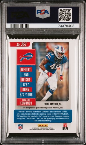 2018 Contenders Ticket Stub Auto Rc Tremaine Edmunds /49 PSA 10 Pop 4 Variation - Bild 2 von 2