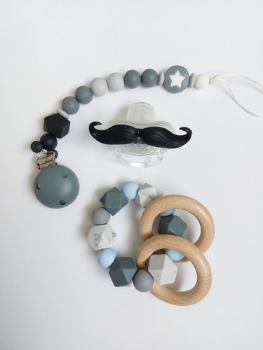 3 Pcs Baby Funny Mustache Orthodontic Pacifier, Clip & Teether BPA Free
