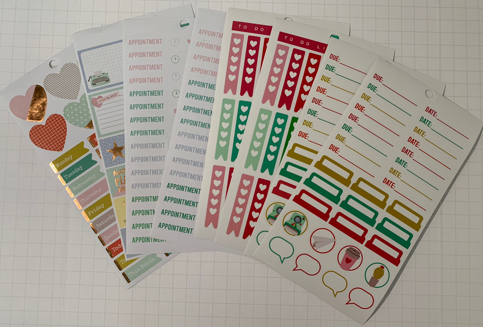 8-Sheet Planner Sticker Lot - Hearts, To-Do, Due Date & Appointment Stickers  -image