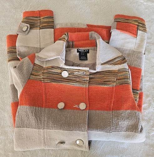 Neslay Paris Women's M Long Blazer Jacket Striped Orange Brown Cream Button-Up - Picture 17 of 17