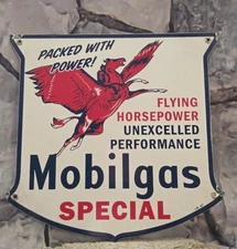 VINTAGE MOBIL MOBILGAS SPECIAL W/ FLYING PEGASUS PORCELAIN SIGN 12"X12".