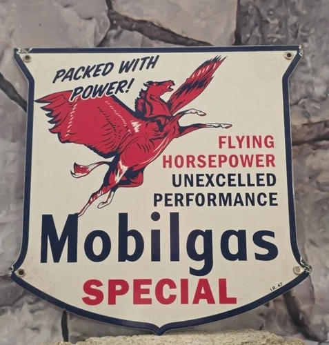 VINTAGE MOBIL MOBILGAS SPECIAL W/ FLYING PEGASUS PORCELAIN SIGN 12"X12".