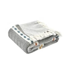  Herringbone Stripe Yarn Dyed Cotton Woven Tassel Blanket, 60" x Black & Multi
