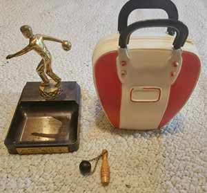 Vintage bowling pin & ball keychain & 1955 bowling trophy & '64 bowling bag bank