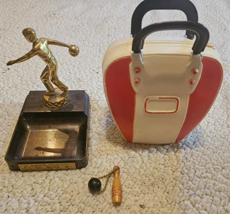 Vintage bowling pin & ball keychain & 1955 bowling trophy & '64 bowling bag bank