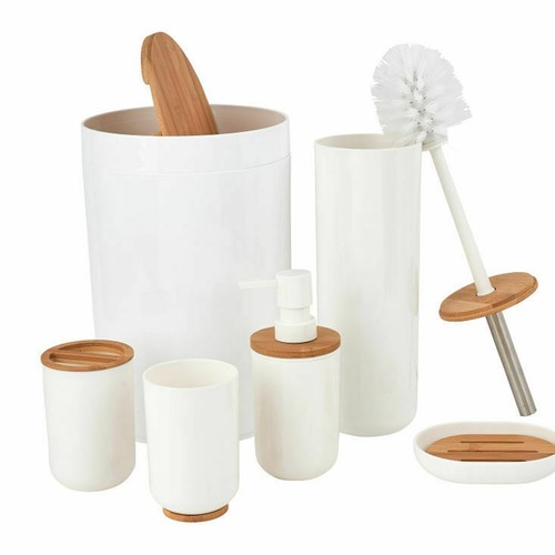 Set da Bagno 6pz Legno Bambù e Plastica Porta Sapone Spazzolino Pattumiera - Foto 1 di 5
