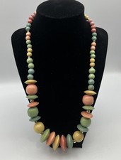 Vintage Wood Disc Necklace Chunky Statement Beads Boho Jewelry-fun pastel Color