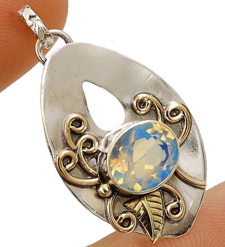 3CT Two Tone Fire Opalite 925 Solid Sterling Silver Pendant Jewelry @9-9