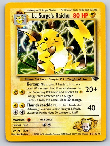 LT. SURGE'S RAICHU 11/132 RARE GYM CHALLENGE POKEMON UNLIMITED HOLO MP