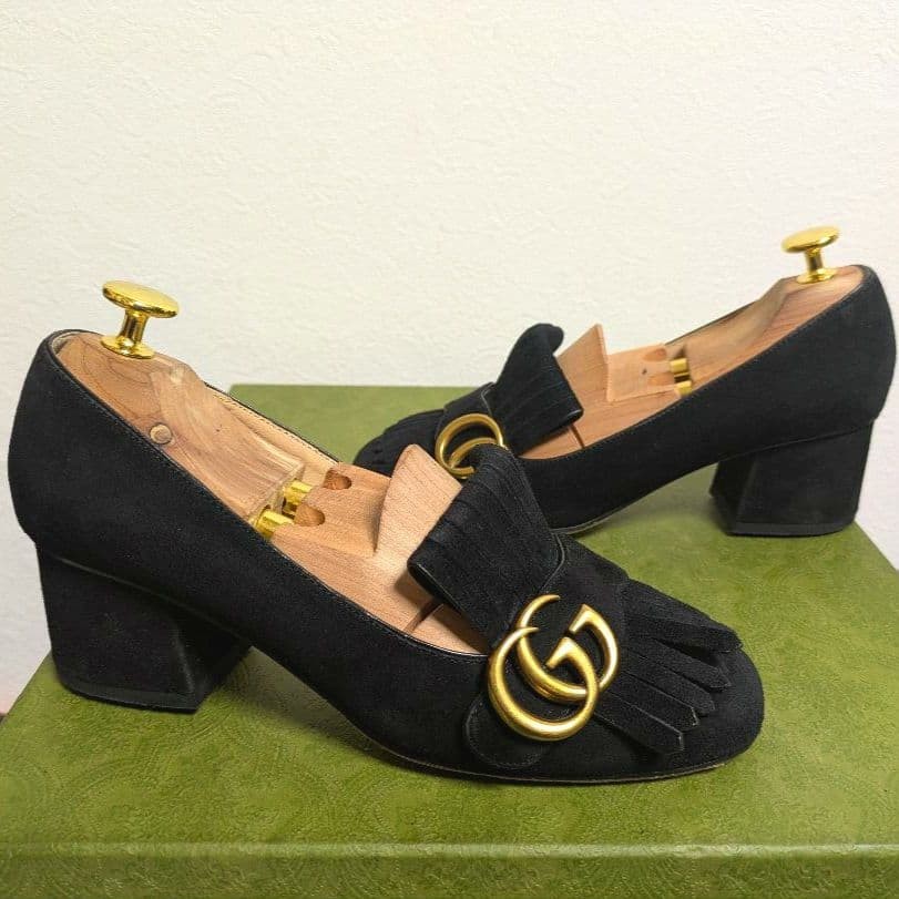 Auth Gucci GG Marmont Fringe Pumps Leather Black Logo Heel EU36 US6 UK3 thumbnail 10