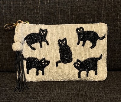 Wandering Moon Black Cat Glass Beaded Purse Travel Pouch Bag Lined Zipper Tassel