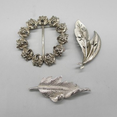 Vintage Brooch Lot of 3 Lion Circle Coro Brooch BSK Brooch Leaf Silver Tone