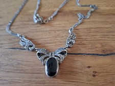 925 Silber Kette Collier mit Markasiten Onyx Schwarz Vintage 13,0 g/45 cm