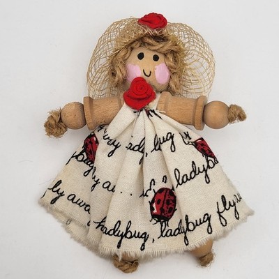 Vintage Handmade Wooden Spool Girl Brooch w/ Lady Bug Print Dress 3.5''