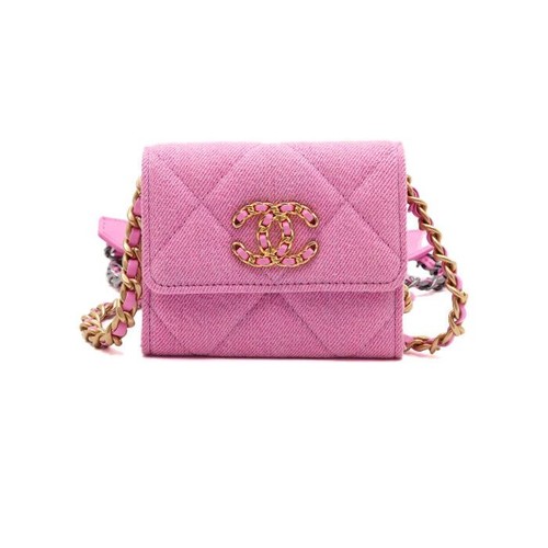 CHANEL Pink Denim 19 Flap Mini Card Wallet Chain Crossbody Bag 1787 153689618