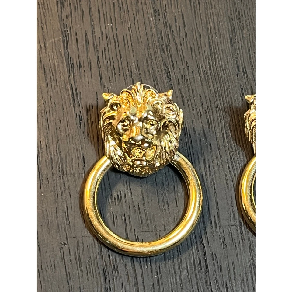 Vintage Style Gold Lion Head Door Knocker Pierced Statement Earrings - Image 3 of 4