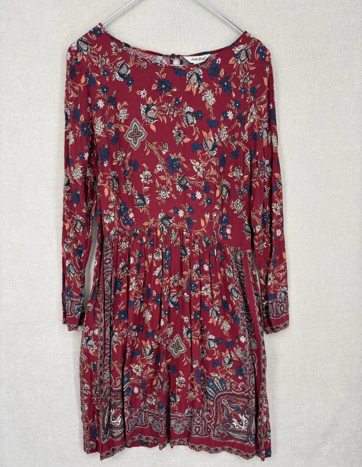 Vestido Lucky Brand Para Mujer M Rojo Floral Manga Larga Cremallera Trasera Cerradura Botón Foto 3 de 4