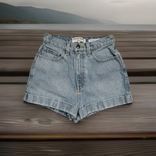 American Apparel High Waisted Cuff Shorts 26 (W24) Blue Cotton Denim Womens