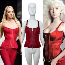 VERSACE 2003 Vintage Runway Red Leather  Lace Corset w. Ornate Hardware