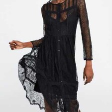 ZARA women’s Black sheer Lace midi Dress long sleeve button down tiered skirt XS