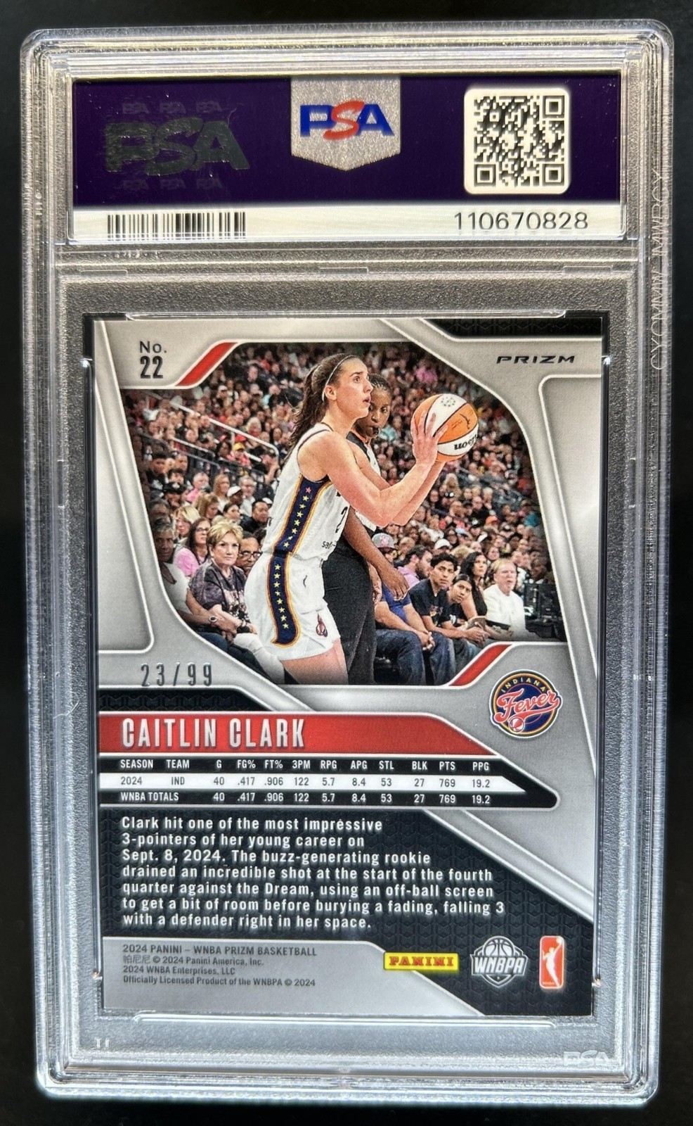2024 Panini WNBA Prizm Caitlin Clark RC Orange Rookie #/99 Fever PSA 9 view 2