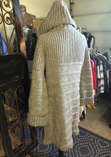 VTG 60s KIMLON Heavy Knit Gray Long Hooded Hippy Toggle Button Front Sweater~L - Picture 7 of 8