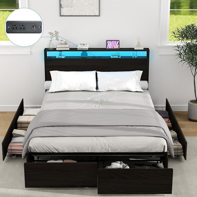 Stylish Full Size Bed Frame with LED, Storage Drawers & Charging Station, Black
