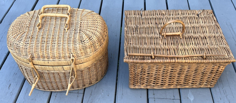 MCM 1960s Wicker Picnic Travel  Top Handle Baskets LOT of 2 Vintage Primitive