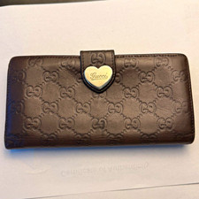 Gucci GG Monogram Heart Logo Snap Flap Checkbook Wallet Brown w/ Card Slots
