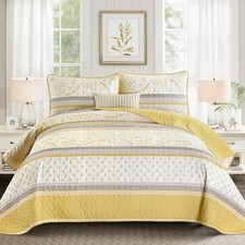 Striped Quilt Set Size Boho Striped Patchwork Leaves Printed King Yellow Grey