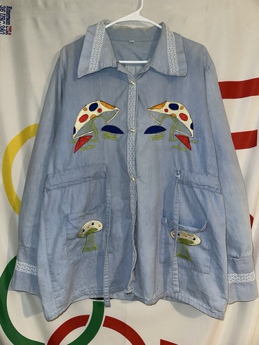 Vintage 60er 70er bestickte mexikanische Touristen Jacke Pilze Hippie Denim