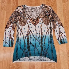 Alberto Makali Top Womens Size M Beaded V Neck Animal Print Y2K Indie Maximalist