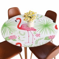 Pink Flamingo Round Tablecloth Fit 40"-44" Table Tropical Flowers Leaves Cover