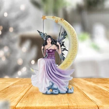 13"H Purple Fairy Swing on the Moon w/ Stars Statue Fantasy Figurine Room Decor