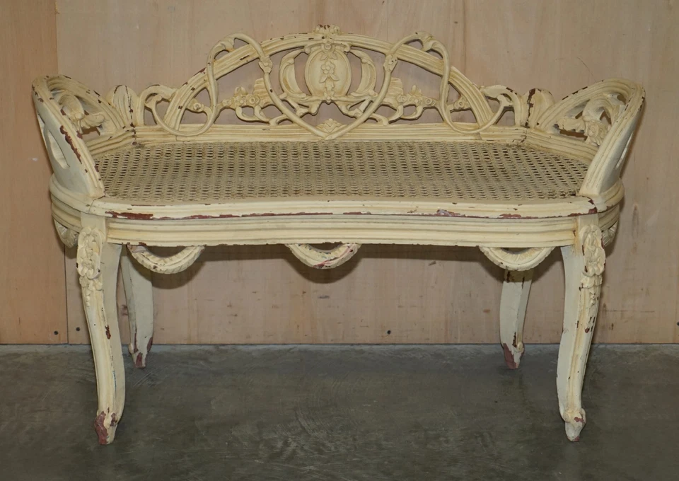 ANTIQUE FRENCH SHABBY CHIC BERGERE WINDOW SEAT BENCH ORIGINAL PAINT FINISH - Image 2 of 4