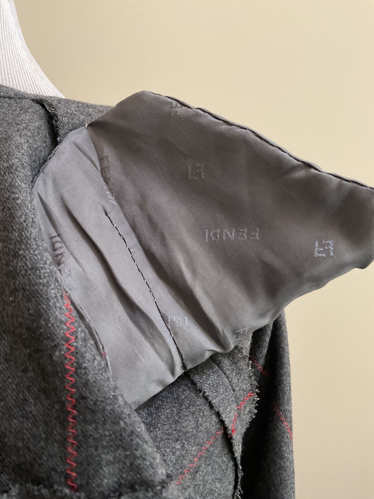 Fendi I Magnin Long Sleeve Vintage  Wool Gray Red Striped No Lining Coat Size L image 7