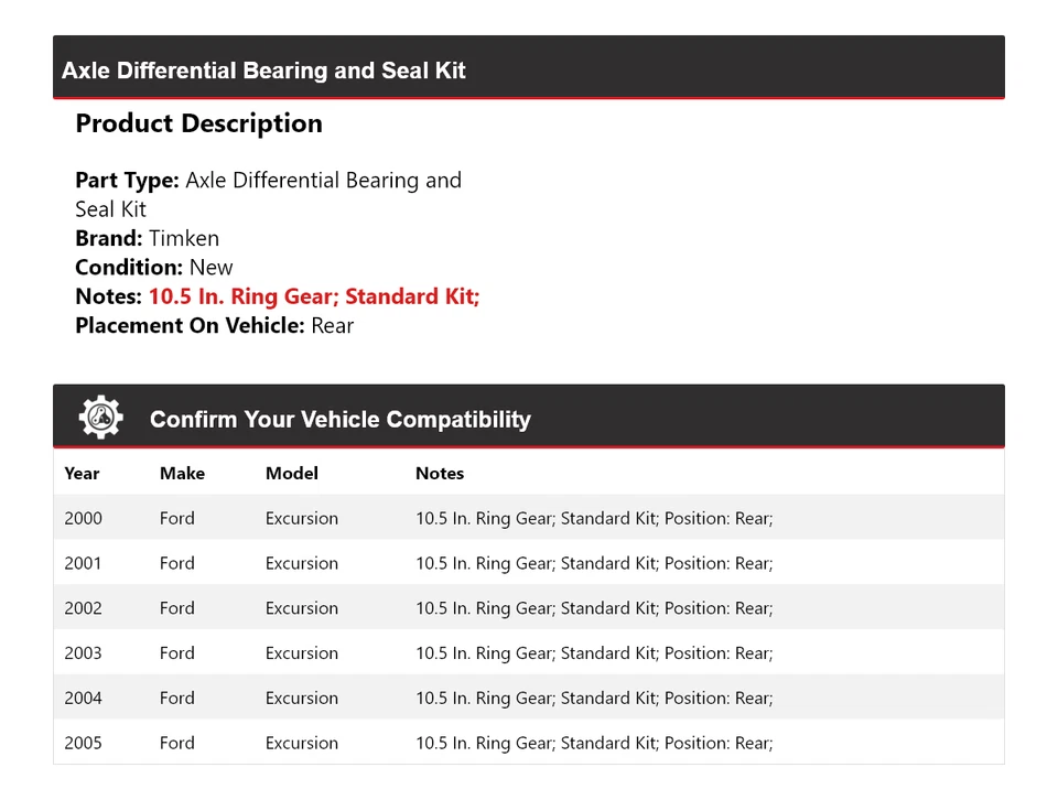 Комплект подшипников дифференциала и уплотнений для задней оси Ford Excursion 2000-2005 годов выпуска Timken - Изображение 2 из 3