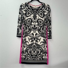 Eliza J 3/4 Sleeves Round Neck Floral Print Hot Pink Trim Sheath Dress Sz 4