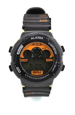 Acqua Watch Men Gray Black Plastic 30m Batt 24hr Date Alarm Light Chron Quartz
