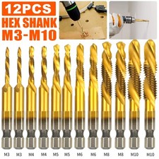 12PCS 1/4" HSS Hex Shank Titanium Plated Screw Thread Drill Bits Set M3-M10 Tap