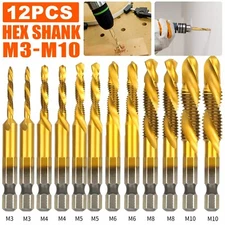 12PCS 1/4" HSS Hex Shank Titanium Plated Screw Thread Drill Bits Set M3-M10 Tap