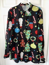 Men's XL Shirt Christmas Novelty Snowmen Trees Black Multi Long Sleeve NEW