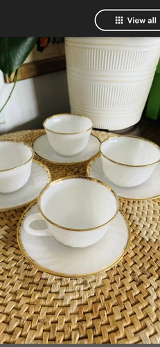6 Vintage Anchor Hocking Fire King Gold Rim Scalloped Swirl Tea Cups/ Saucers